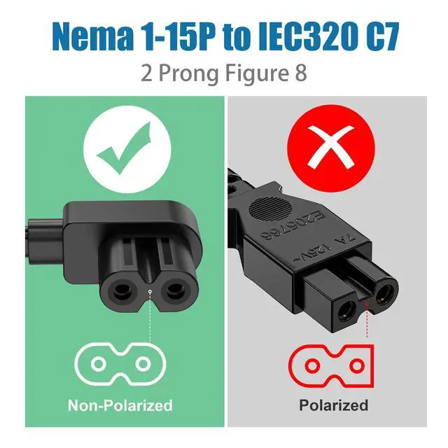 Alt view image 2 of 7 - 12ft TV Power Cord, 90 Degree Angled L-Shaped UL Listed 2-Prong AC Power Cable IEC C7 C8 Compatible with Samsung LG Sony Insignia Apple TV LCD LED, Vizio Roku JBL Partybox, Black