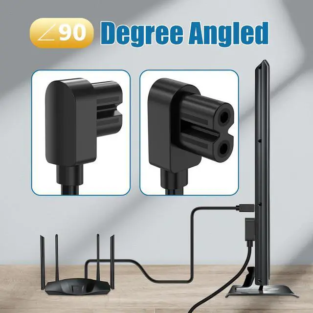 Alt view image 3 of 7 - 12ft TV Power Cord, 90 Degree Angled L-Shaped UL Listed 2-Prong AC Power Cable IEC C7 C8 Compatible with Samsung LG Sony Insignia Apple TV LCD LED, Vizio Roku JBL Partybox, Black