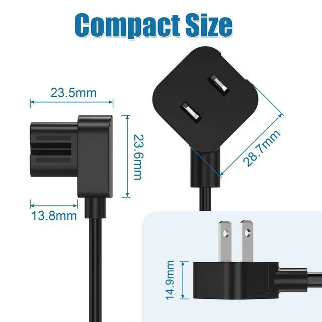 Alt view image 6 of 7 - 12ft TV Power Cord, 90 Degree Angled L-Shaped UL Listed 2-Prong AC Power Cable IEC C7 C8 Compatible with Samsung LG Sony Insignia Apple TV LCD LED, Vizio Roku JBL Partybox, Black