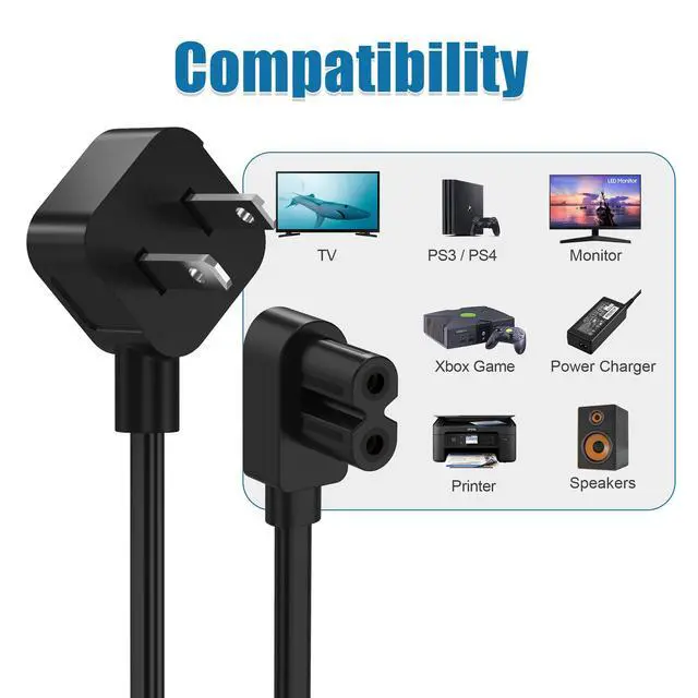 Alt view image 7 of 7 - 12ft TV Power Cord, 90 Degree Angled L-Shaped UL Listed 2-Prong AC Power Cable IEC C7 C8 Compatible with Samsung LG Sony Insignia Apple TV LCD LED, Vizio Roku JBL Partybox, Black