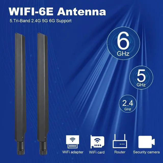 Alt view image 3 of 6 - WiFi 6 6E Tri-Band 2.4GHz + 5 GHz + 6GHz 9dBi Omnidirectional Antenna for PC Desktop Computer PCI-E WiFi 6E Network Card Adapter Bluetooth Card Wireless RouterPack of 2