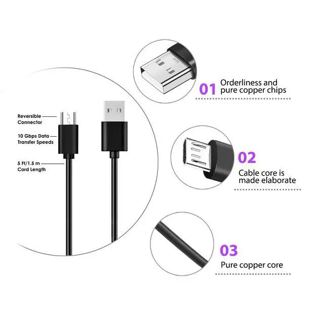 Alt view image 3 of 5 - Corsair 5ft Replacement Micro USB Fast Charger Cable Cord for HS70, HS70 Pro, Void RGB Elite, Void Pro RGB Headphones, HyperX Cloud Flight Wireless Headset (Black)