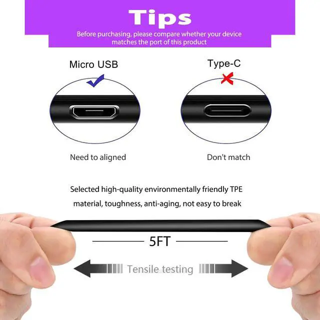 Alt view image 5 of 5 - Corsair 5ft Replacement Micro USB Fast Charger Cable Cord for HS70, HS70 Pro, Void RGB Elite, Void Pro RGB Headphones, HyperX Cloud Flight Wireless Headset (Black)