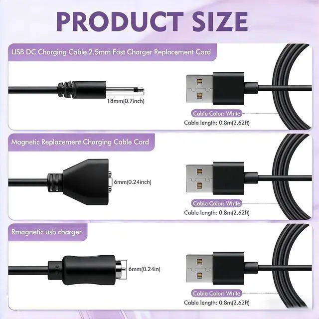 Alt view image 2 of 7 - 3Pack DC Charging Cable Set: 2.5mm Massager Charger 6mm Magnetic USB DC Cable (2.7ft) Single Point Pin Charger Fast Charging Cord for Electric Toothbrush Rechargeable Toys Facial Cleanser More-Biack