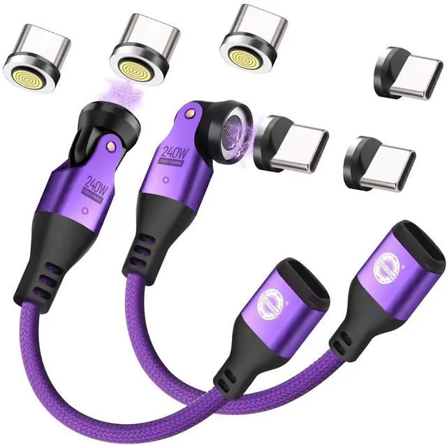 Main image of Magnetic USB Adapter Type C to C with 10cm Short Cable 9PIN PD 240W Fast Charging USB-C 540° Rotation Swivel Connector 480MBPS (2 Cable 6Tips Set)