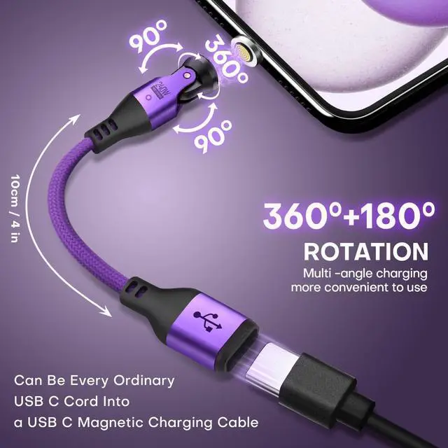 Alt view image 2 of 7 - Magnetic USB Adapter Type C to C with 10cm Short Cable 9PIN PD 240W Fast Charging USB-C 540° Rotation Swivel Connector 480MBPS (2 Cable 6Tips Set)