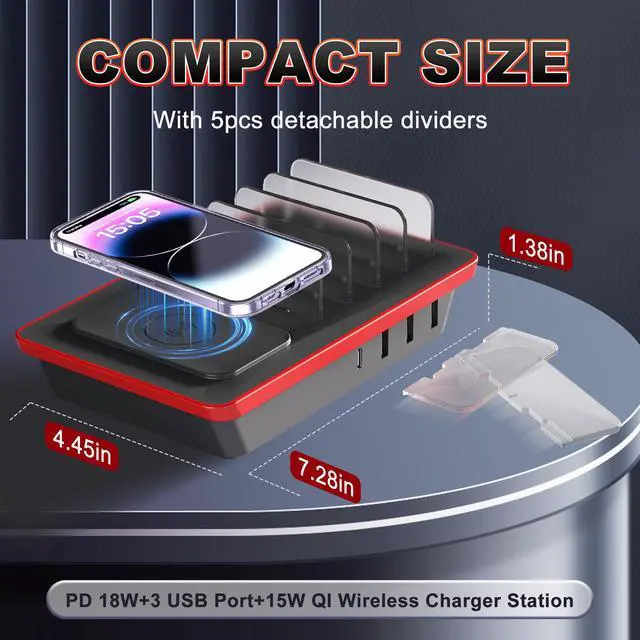 Alt view image 3 of 7 - Charging Station for Multiple Devices, 85W 4 Ports Charger Station with Powerful 18W PD USB C Ports, 15W QI Wireless Charger and 3 USB 5V / 4.8A Charging Ports Compatible with iPhone iPad, Tablets