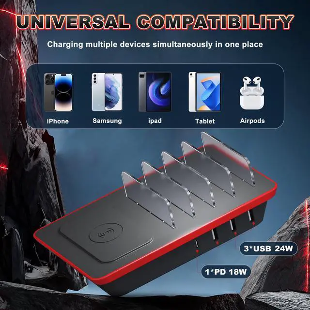Alt view image 6 of 7 - Charging Station for Multiple Devices, 85W 4 Ports Charger Station with Powerful 18W PD USB C Ports, 15W QI Wireless Charger and 3 USB 5V / 4.8A Charging Ports Compatible with iPhone iPad, Tablets