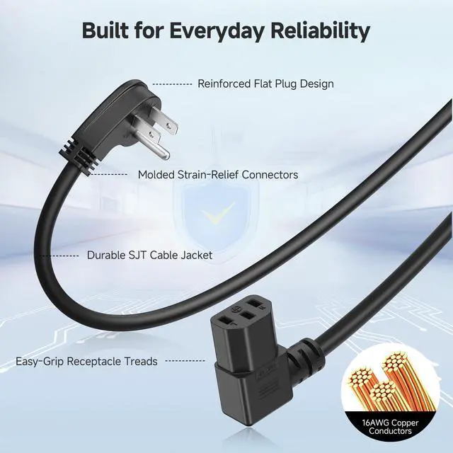 Alt view image 4 of 7 - 2-Pack 16 AWG Low-Profile Right Angle Power Cord, 6ft | 13A / 125V, NEMA 5-15P to IEC C13, Dual Right-Angle Connectors, SJT Jacket, C13 Power Cable