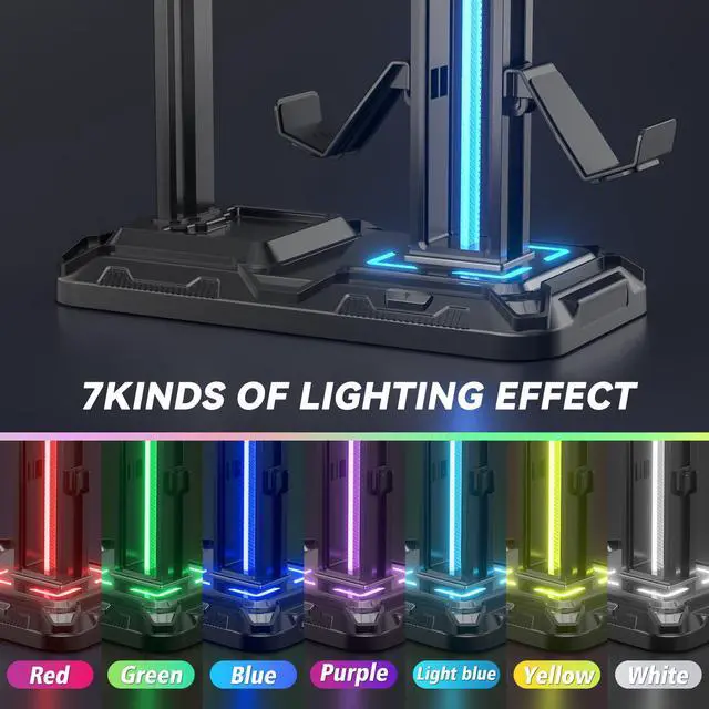 Alt view image 2 of 7 - RGB Multi-Controller Holder with 9 Light Modes - Rotatable Universal Headphone Hanger - Controller Stand with 6 Detachable Hooks for Desktop Gamer Accessories