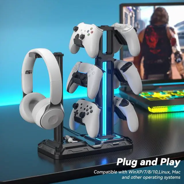Alt view image 3 of 7 - RGB Multi-Controller Holder with 9 Light Modes - Rotatable Universal Headphone Hanger - Controller Stand with 6 Detachable Hooks for Desktop Gamer Accessories