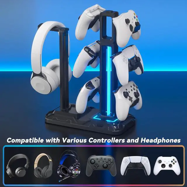 Alt view image 5 of 7 - RGB Multi-Controller Holder with 9 Light Modes - Rotatable Universal Headphone Hanger - Controller Stand with 6 Detachable Hooks for Desktop Gamer Accessories
