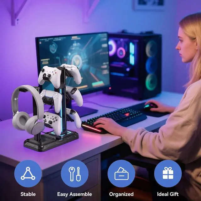 Alt view image 6 of 7 - RGB Multi-Controller Holder with 9 Light Modes - Rotatable Universal Headphone Hanger - Controller Stand with 6 Detachable Hooks for Desktop Gamer Accessories