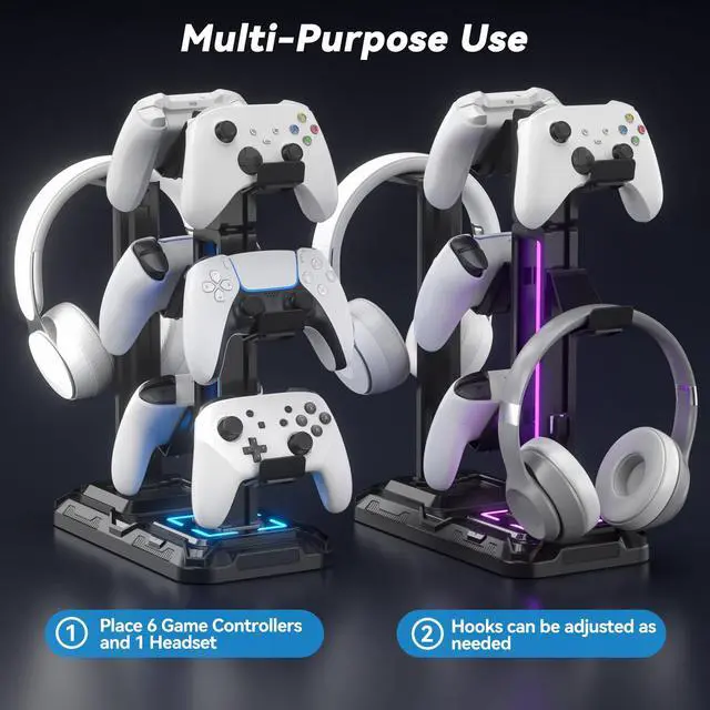 Alt view image 4 of 7 - RGB Multi-Controller Holder with 9 Light Modes - Rotatable Universal Headphone Hanger - Controller Stand with 6 Detachable Hooks for Desktop Gamer Accessories