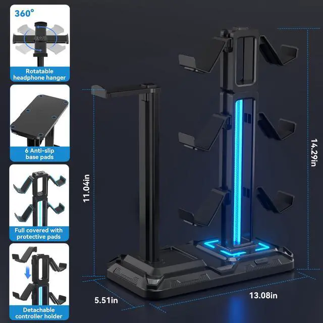 Alt view image 7 of 7 - RGB Multi-Controller Holder with 9 Light Modes - Rotatable Universal Headphone Hanger - Controller Stand with 6 Detachable Hooks for Desktop Gamer Accessories