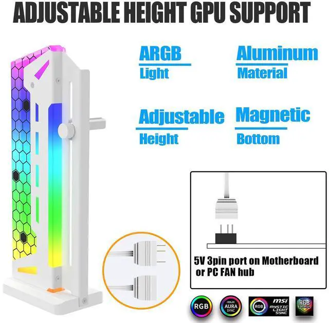 Alt view image 2 of 5 - ARGB GPU Support Bracket, RGB GPU Brace Support, 5V 3Pin addressable GPU Holder, 5v 3pin ARGB GPU sag Support Video Card sag Holder, Adjustable Length and Height gpu Bracket Support (White)