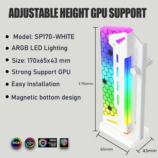 Alt view image 3 of 5 - ARGB GPU Support Bracket, RGB GPU Brace Support, 5V 3Pin addressable GPU Holder, 5v 3pin ARGB GPU sag Support Video Card sag Holder, Adjustable Length and Height gpu Bracket Support (White)