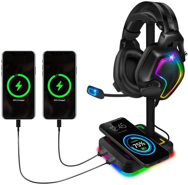 Main image of Headphone Stand with Wireless Charger Gaming Headset Holder 2 IN 1 Wireless Charging Pad & 2 USB Charger Ports for Desktop PC Game Accessories