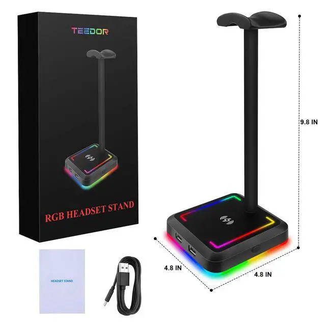 Alt view image 6 of 6 - Headphone Stand with Wireless Charger Gaming Headset Holder 2 IN 1 Wireless Charging Pad & 2 USB Charger Ports for Desktop PC Game Accessories