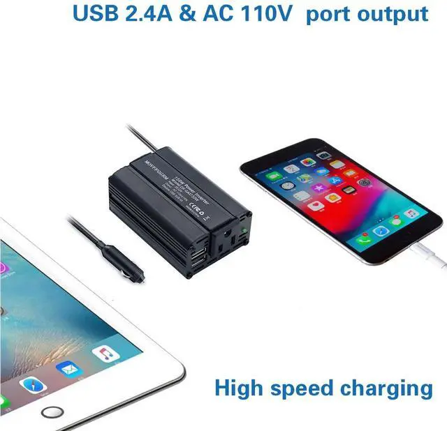 Alt view image 2 of 6 - 150W Power Inverter 12V DC to 110V AC Car Plug Adapter Outlet Converter with 2.4A Dual USB AC car Charger for Laptop Computer