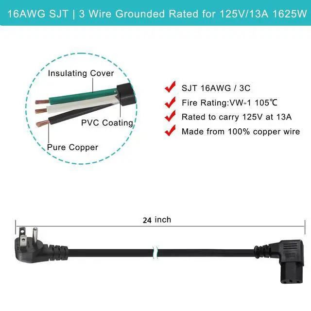 Alt view image 3 of 7 - 90 Degree Power Cord - 2FT Right Angle IEC, Universal PC Power Supply, 16AWG, Black NEMA 5-15P Angle Type to C13 3 Prong Angled AC Power Cord for PC Monitor/TV