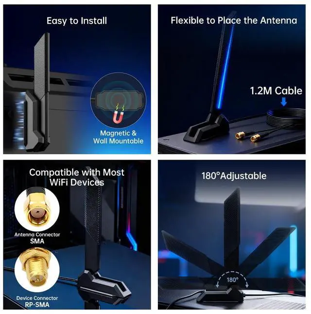 Alt view image 4 of 7 - WiFi 6E Tri-Band Antenna 2.4/5/6GHz High Gain Long Range RP-SMA Male External Antenna for Gaming PC Motherboard PCIE WiFi Card Router