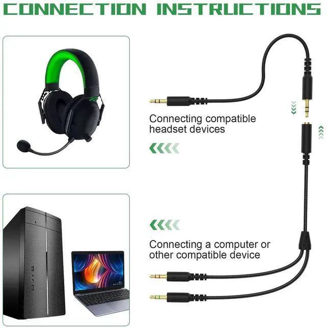 Alt view image 6 of 7 - Replacement Audio Cable Cord Wire with Y Splitter for Razer Kraken X/BlackShark V2 Pro/Razer Nari Headphone Gaming Headset Adapter to PC/Speaker/Headphone