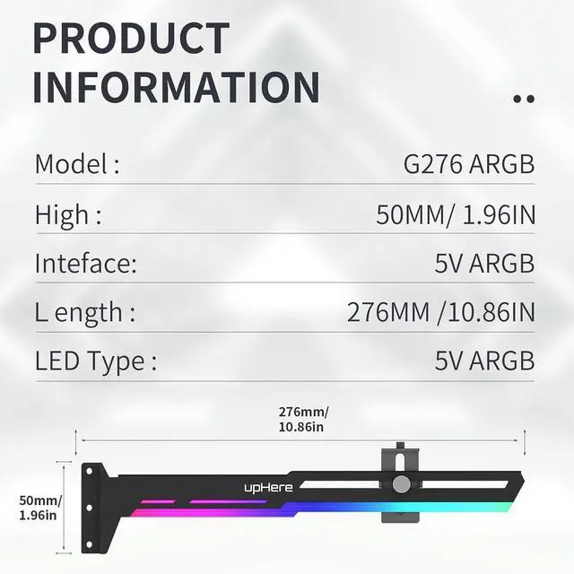 Alt view image 5 of 7 - 5V 3PIN Addressable RGB Graphics Card GPU Brace Support Video Card Sag Holder,Built-in 5V ARGB Strip,Adjustable Length and Height Support,G276ARGB
