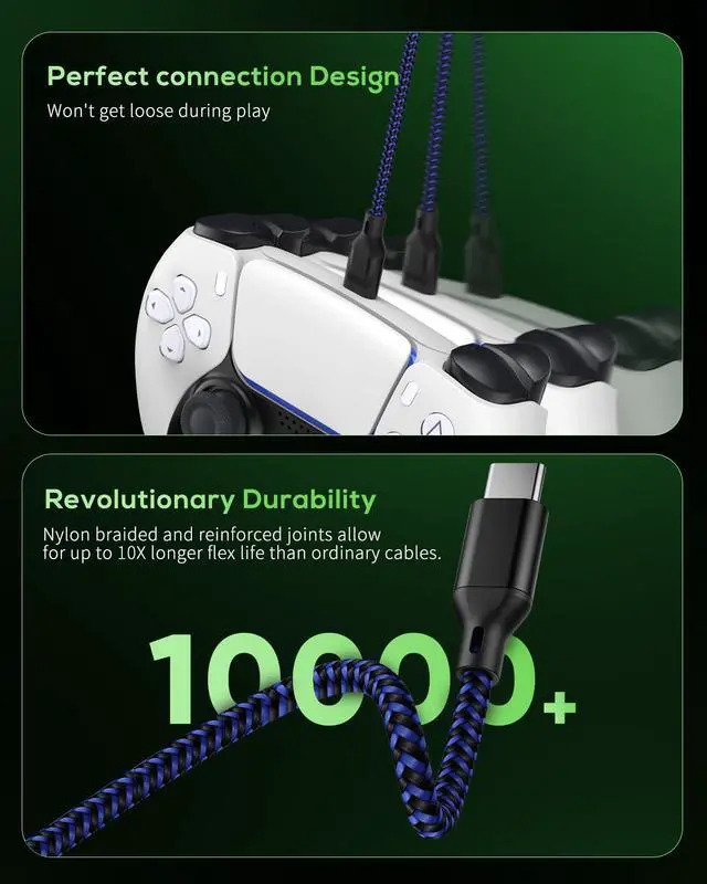 Alt view image 6 of 7 - Charger Charging Cable for PS5/PS5 Pro Controller,for Xbox Series X/S,for Nintendo Switch 2 Pack 10FT Replacement USB C Cord Nylon Braided Type-C Ports, Charger Power Adater for PS4 Controller