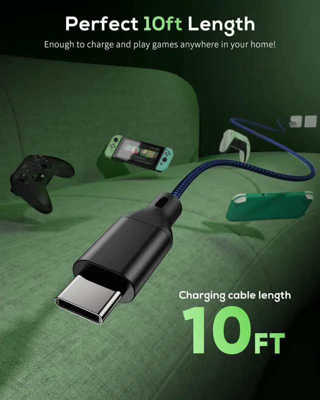Alt view image 5 of 7 - Charger Charging Cable for PS5/PS5 Pro Controller,for Xbox Series X/S,for Nintendo Switch 2 Pack 10FT Replacement USB C Cord Nylon Braided Type-C Ports, Charger Power Adater for PS4 Controller