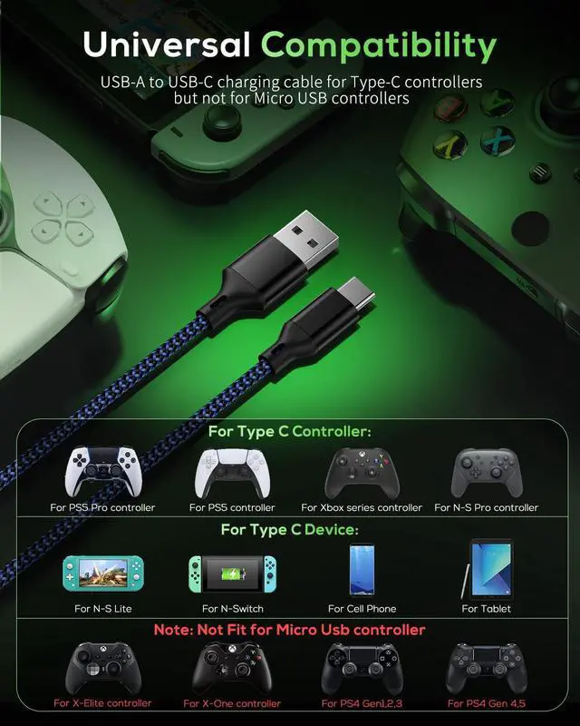 Alt view image 4 of 7 - Charger Charging Cable for PS5/PS5 Pro Controller,for Xbox Series X/S,for Nintendo Switch 2 Pack 10FT Replacement USB C Cord Nylon Braided Type-C Ports, Charger Power Adater for PS4 Controller