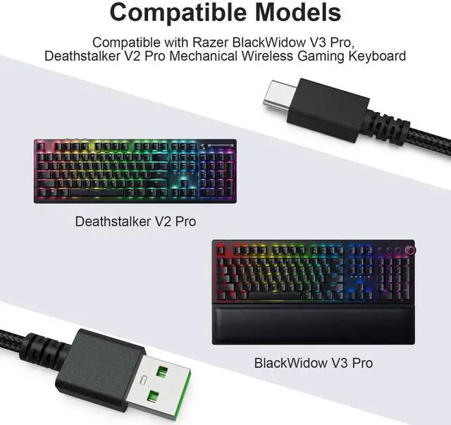 Alt view image 2 of 7 - USB C Data Charging Cable Cord Compatible with Razer Wolverine V2 Pro Chroma/BlackWidow V3 Pro/Deathstalker V2 Pro, Ducky One 2 Mini/One 2 Pro Mini Mechanical Keyboard