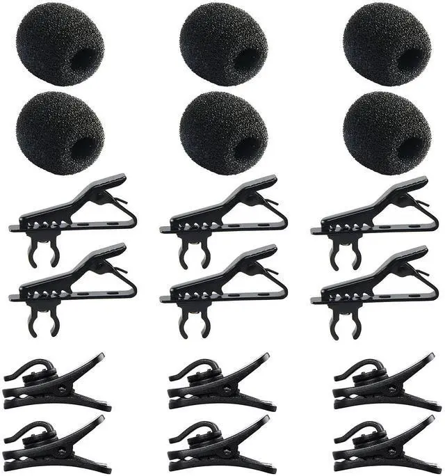 Main image of 18Pcs Lapel Microphone Clips Replacement Kit, 6Pcs Lavalier Mic Clips Metal Tie Clips Lavalier Microphone Clips, 6Pcs Windscreen Foam Cover and 6Pcs Plastic Wire Clips