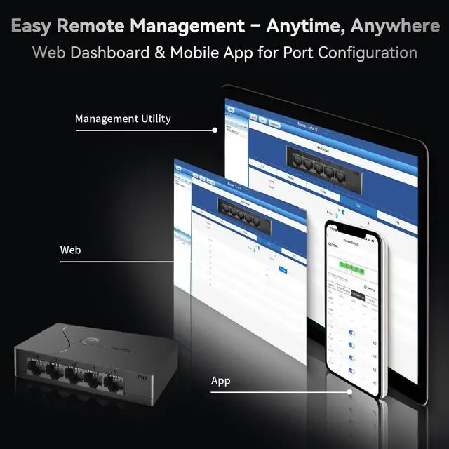 Alt view image 3 of 7 - 5 Port Gigabit Managed Ethernet Switch, Easy Smart Network Splitter with VLAN & QoS, Desktop/Wall Mount, for Small Office Home Network