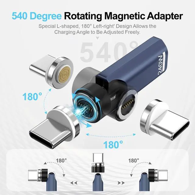 Alt view image 2 of 7 - USB C Adapter 240W Fast Charging (2 Pack), 360° Rotating for iPhone 17/16/15, MacBook Pro/Air, iPad, Tablet, Laptop, Switch, PS5 - Blue