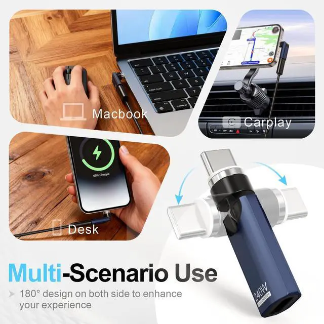 Alt view image 5 of 7 - USB C Adapter 240W Fast Charging (2 Pack), 360° Rotating for iPhone 17/16/15, MacBook Pro/Air, iPad, Tablet, Laptop, Switch, PS5 - Blue