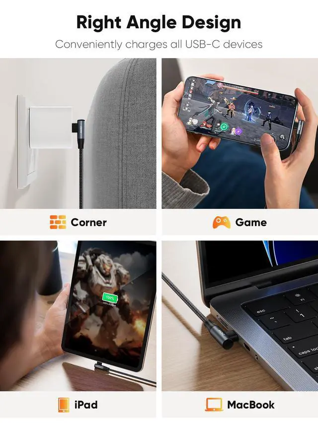 Alt view image 4 of 7 - 240W USB C to USB C Fast Charging Cord Right Angle, 6FT Braided Type C to C Charger Cord for iPhone 16, MacBook Pro/Air, iPad Pro/Air/Mini, Galaxy S24/S23/S22+, Compatible 140w/100w/60w