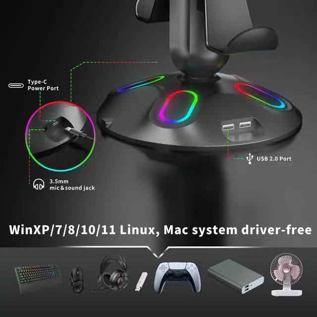 Alt view image 3 of 6 - Gaming RGB Headphone Stand, Controller Holder with 9 Light Modes and 2 USB Charging Ports and 3.5mm & Type-C - Controller Stand Hanger Accessories for Desk and Gamer(Black) A