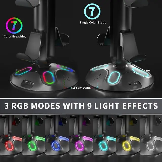 Alt view image 2 of 6 - Gaming RGB Headphone Stand, Controller Holder with 9 Light Modes and 2 USB Charging Ports and 3.5mm & Type-C - Controller Stand Hanger Accessories for Desk and Gamer(Black) A