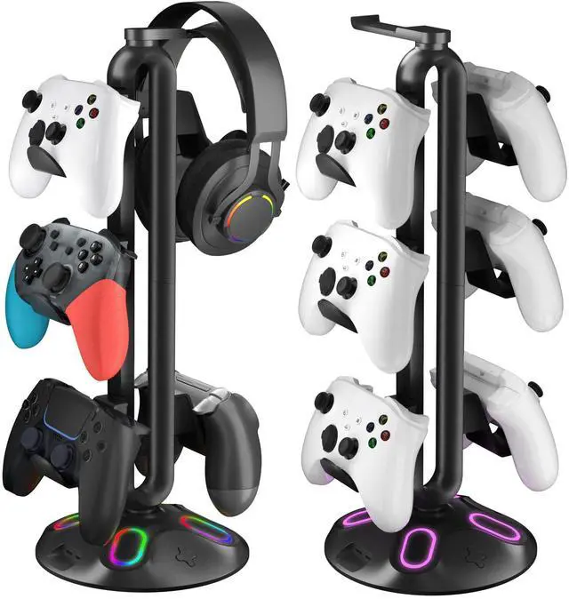 Main image of Gaming RGB Headphone Stand, Controller Holder with 9 Light Modes and 2 USB Charging Ports and 3.5mm & Type-C - Controller Stand Hanger Accessories for Desk and Gamer(Black) A