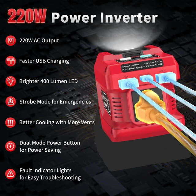 Alt view image 6 of 7 - 220W Power Inverter Compatible with Milwaukee 18V Battery, Tool Only | 110V AC Outlet, 30W USB-C PD, Dual 18W USB-A, 400LM LED Light, Compact Power for Camping, Jobsite & Emergency Backup