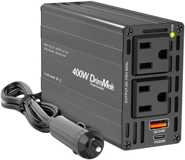 Main image of 400W Car Power Inverter 12V to 110V AC24W+65W USB C, Laptop Charger | 65w Fast Charger,2 AC Output,Aluminum alloy casing