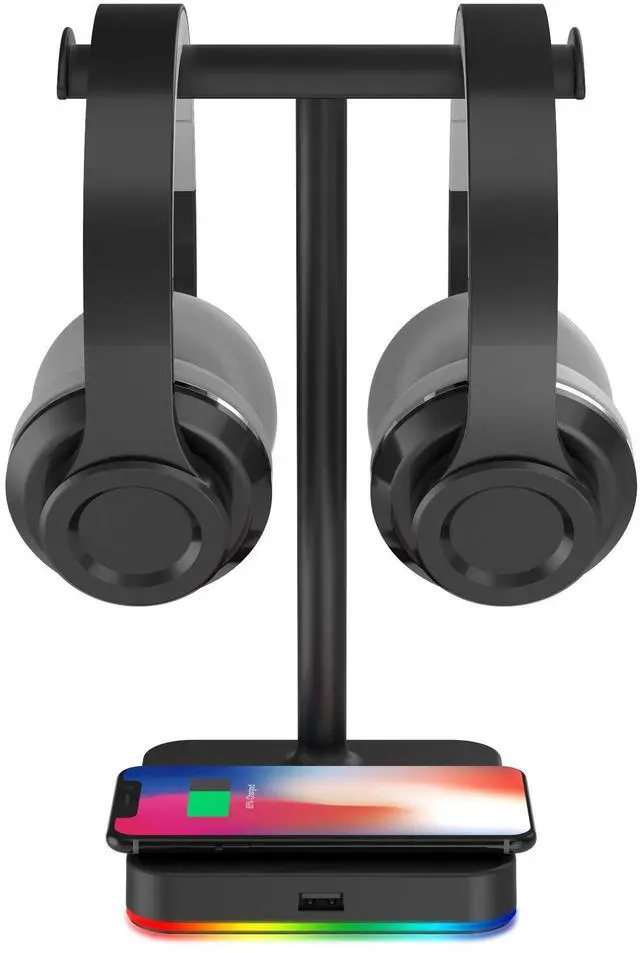 Main image of RGB Dual Headphone Stand with Wireless Charger Desk Gaming Double Headset Holder Hanger Rack with 10W/7.5W QI Charging Pad and QC 3.0 USB Port - Suitable for Gamer Desktop Table Game Earphone