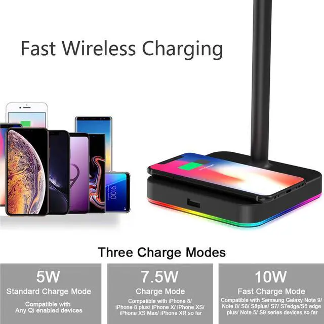 Alt view image 3 of 7 - RGB Headphone Stand with Wireless Charger Desk Gaming Headset Holder Hanger Rack with 10W/7.5W QI Charging Pad and QC 3.0 USB Port - Suitable for Gamer Desktop Table Game Earphone Accessories