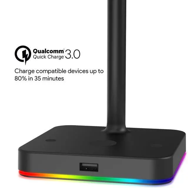 Alt view image 4 of 6 - RGB Dual Headphone Stand with Wireless Charger Desk Gaming Double Headset Holder Hanger Rack with 10W/7.5W QI Charging Pad and QC 3.0 USB Port - Suitable for Gamer Desktop Table Game Earphone