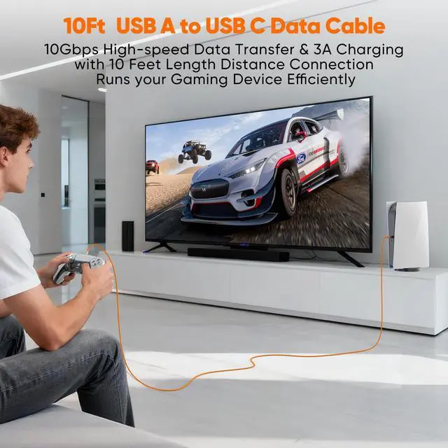Alt view image 2 of 7 - USB to USB C Data Cable 10ft 2Pack, 3A&10Gbps USB 3.2 Superspeed Long USB A to Type C Cord Braided for Controller Charging PS5 DualSense/Edge, X-box Series S/X, Elite Series 2, Switch, Phones, Laptop