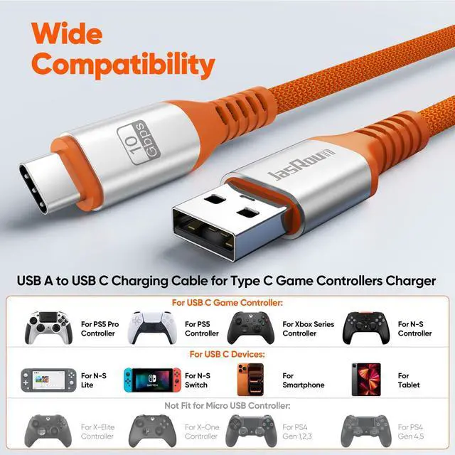 Alt view image 7 of 7 - USB to USB C Data Cable 10ft 2Pack, 3A&10Gbps USB 3.2 Superspeed Long USB A to Type C Cord Braided for Controller Charging PS5 DualSense/Edge, X-box Series S/X, Elite Series 2, Switch, Phones, Laptop
