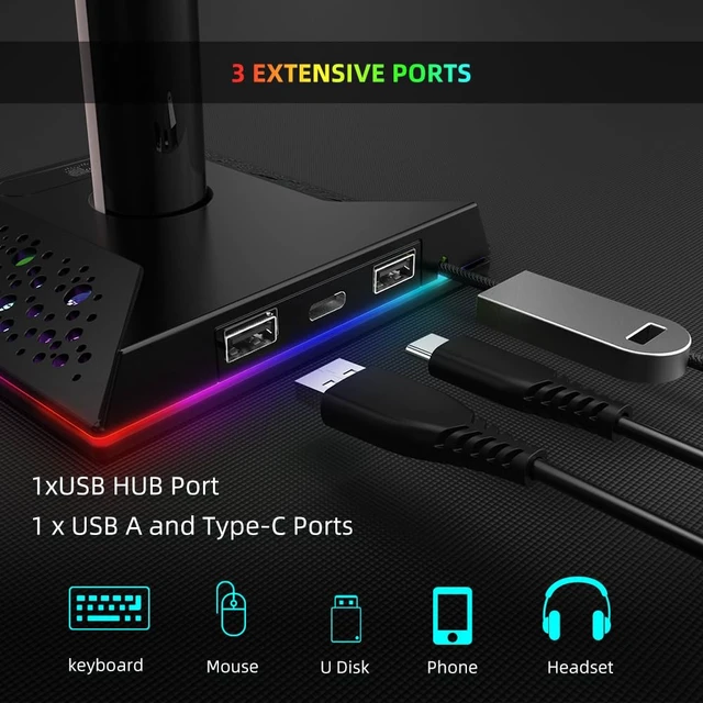 Alt view image 5 of 6 - VAKUMAX RGB Gaming Headphone Stand with Charging Hub, Headset Holder for Desk with Controller Organizer, 3 Ports USB-A and USB-C, 10 Lighting Modes, Touch Control for PS5 Xbox PC Gaming Setup