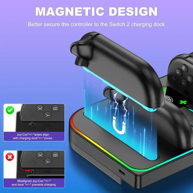 Alt view image 6 of 7 - Charging Dock Compatible with Nintendo Switch 2 (2025) for Joycon Controller, 4 in 1 Joypad Charger with Magnetic Design, Switch 2 Joy Con Fast Chagre Stand Station with USB C Cable