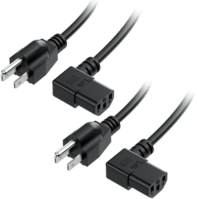 Main image of 2-Pack 16 AWG Right Angle Power Cord, 10ft, Black 1625W, IEC C13, Low-Profile 90-Degree Plug, SJT Jacket